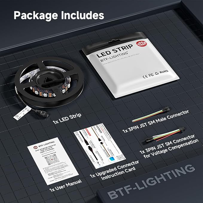 BTF-LIGHTING WS2812B ECO RGB LED Strip,UL Listed,Individually Addressable,3.28FT 60LED/m 60Pixel DC5V 5050SMD,Alloy Wire Flexible 3M Tape for DIY Chasing Color Project IP65(No Adapter or Controller)