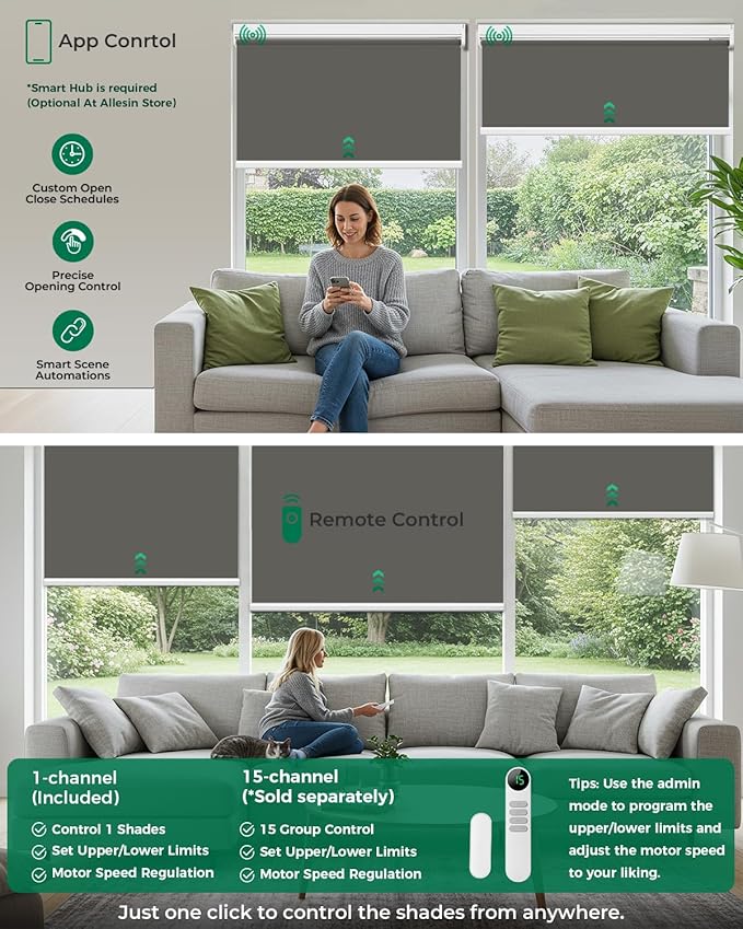 Allesin Motorized Blinds with Remote | Automatic Blackout Roller Shades, Easy Install & Smart Control Electric Blinds for Home Office, Living Room (Smoky Gray 35" W x 72" H)