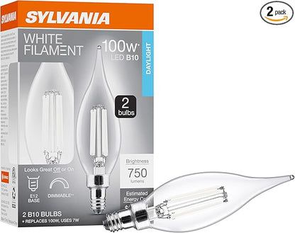 Sylvania B10 Clear LED White Filament Bulb, 7W, Dimmable, 750 LMS, Candelabra Base, 5000K, Daylight - 2 Pack (42261)