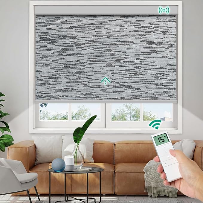 Motorized Roller Shades, 10O% Blackout Remote Control Custom Window Shades Compatible with Alexa Google Assistant via RF Hub, Rechargeable Electric Blinds for Windows (Texture Black Grey)