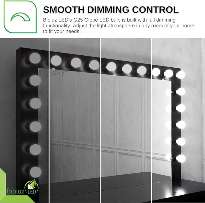 Bioluz LED G25 Globe Vanity Light Bulbs, 60W Equivalent, 2700K Warm White, 90 CRI, 450 Lumens, Dimmable, E26 Base – Bathroom Mirror Lighting 6 Pack