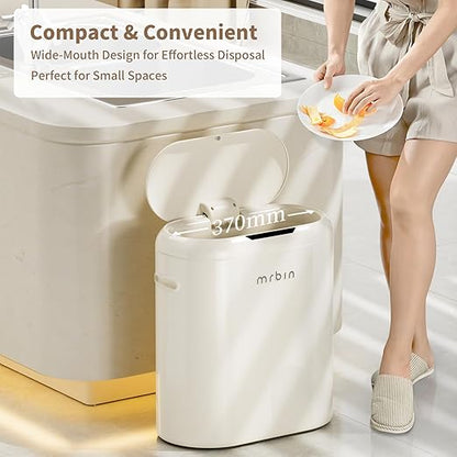 MRBIN Metal Kitchen Motion Sensor Trash Can with Lid, 10.5 Gallon Slim Automatic Waste Basket Touchless, Medium Commercial Covered Garbage Pail for Narrow Office, Bathroom, Dorm, Cream White