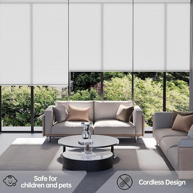 Cellular Shades Light Filtering Honeycomb Blinds for Indoor Windows, Cordless Cellular Shades 1.5 inch Cell Pleated for Bedroom Home Office, Custom Size, Half Shading Crystal White