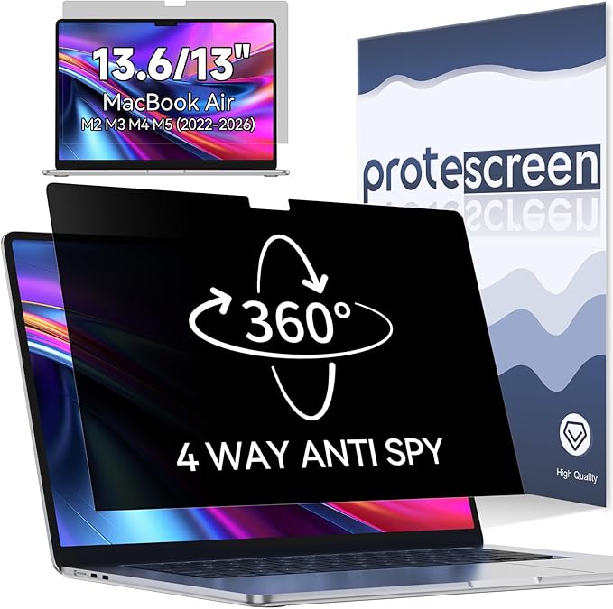 360° Privacy Screen for Macbook Air 13.6/13 Inch (2022-2026, M2, M3, M4, M5), 4 Way Privacy Anti Glare Blue Light Filter Shield Film Anti Spy Laptop Protector for Mac 13.6In Computer