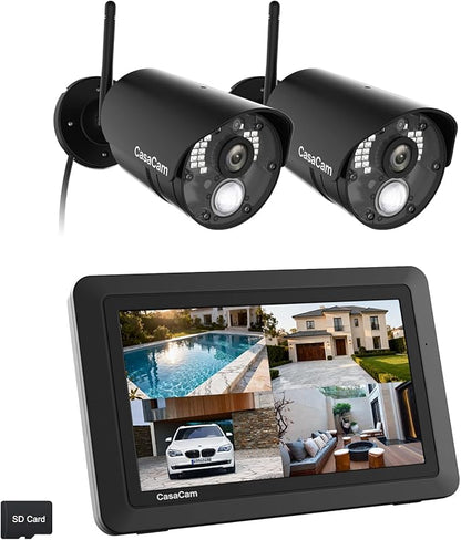 CasaCam GuardianCam Air | Wireless Security Camera System with 7" Touchscreen Monitor and 2 720p Cameras | AC Powered, Two-Way Audio, Free APP, Micro SD Card and Battery Installed, Model VS802