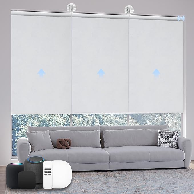Motorized Coupled Shades, Blackout Smart Blinds for Large Windows Automatic Blinds Compatible with Alexa, Motorized Roller Shades Customized for Bedroom Home Office(Blackout-Fabric White)