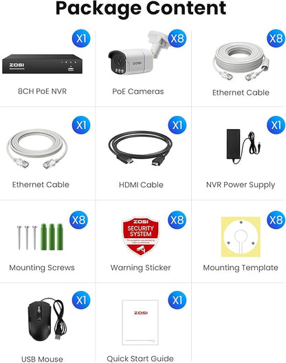 ZOSI 4K PoE Security Camera System,True Full Color Night Vision,Person Vehicle Detection,2 Way Audio,8pcs 4K C186 Aurora Lux Outdoor Indoor Wired Cameras,8MP 8CH NVR with 2TB HDD for 24/7 Recording