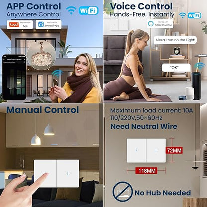 Smart Light Switch Need Neutral Wire,FCC Certified,2.4GHz WiFi Push Button Switch Compatible with Alexa,APP Control Compatible with Tuya/Smart Life,White 2 Gang