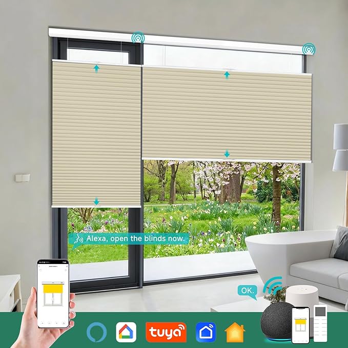 Motorized Top Down Bottom Up Cellular Shades with Remote, Custom Cordless Smart Honeycomb Blinds, Automatic Electric Light Filtering Window Blinds Work with Alexa Google for Home Office, Beige