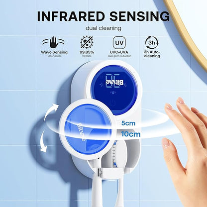 Bitvae Upgraded Tooth Brush Holder for Bathroom 2.0 Infrared Sensing | Toothbrush Cleaner, Wall-Mounted for Most Size Toothbrushes, Air Drying, LED Smart Screen, White Gold Trim