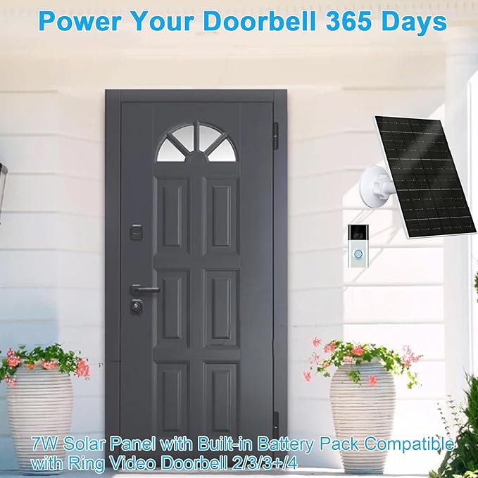 FUTURENZEN 7W Solar Panel Kit for Ring Video Doorbell 2/3/3 Plus/4, 16.4ft Cable, IP65 Waterproof, 360° Adjustable Mount