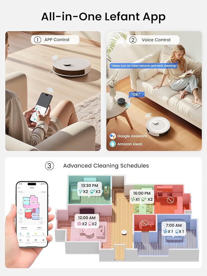 Lefant LiDAR Robot Vacuum and Mop, 75-Day Self-Emptying, 6000Pa Strong Suction, Customized Cleaning, Multi-Floor Mapping, 130 Min Runtime, 2.4G/5G WiFi/Alexa/APP/iWatch, M2L Plus