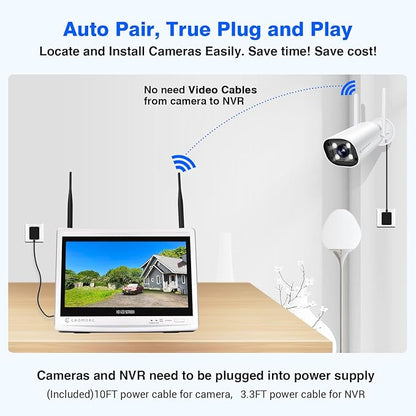 Expandable 16CH NVR Wireless Security Camera System with 12.5" Monitor, 4PCS 5MP Surveillance Camera Human Detection, Spotlight, Siren Alarm, 2-Way Audio, Night Vision, 3TB HDD
