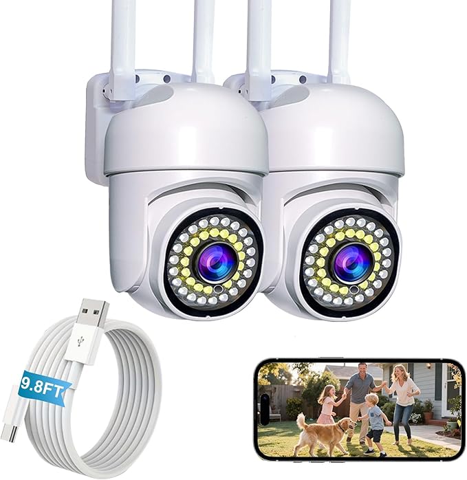 3MP Security Camera Outdoor, 360°Pan-Tilt View, 2K HD Cameras for Home Security, Color Night Vision, AI Detection (2 Pack-3.3 ft USB-C Cable)