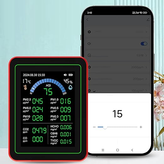 LiebeWH Air Quality Monitor Indoor 18 in 1 CO2 TVOC HCHO PM2.5 PM10 Indoor Air Quality Monitor Temp Humid Detect Tester Battery Powered Data Storage Black
