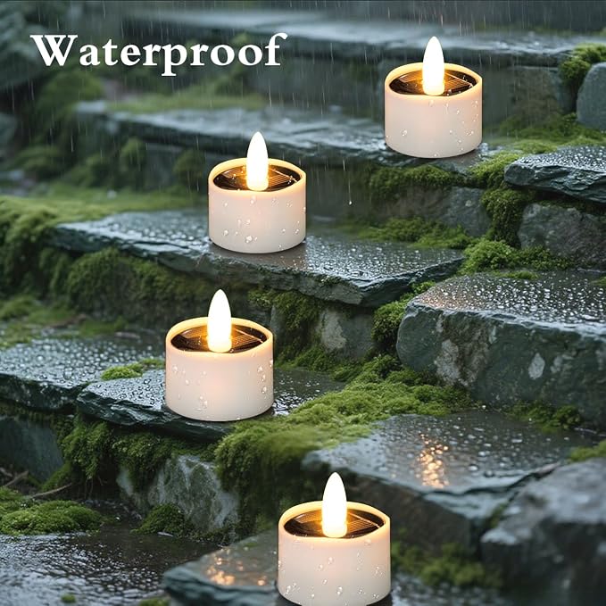 HL Solar Tea Lights, 12PCS Outdoor Waterproof Flameless Candles, Dusk to Dawn Rechargeable Battery LED Tea Lights for Lantern, Garden, Camping, Home Decor (Warm White, 1.5''x1.61'')
