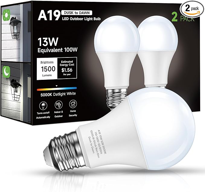 Dusk to Dawn Sensor LED Outdoor Light Bulb, Daylight White 5000K, A19 13W(100 Watt Equivalent) Bright Porch Lighting, 1200LM, Auto-On/Off Photocell Sensor for Garage Yard Patio Garden- 2 Pack