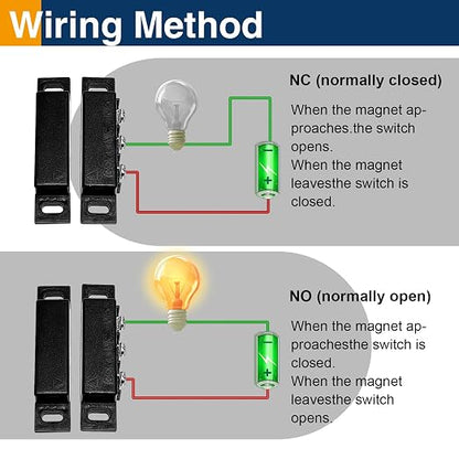 2 Pack Magnetic Reed Switch NC NO, Wired Door Window Contact Sensor, Black | Surface mount design, 22AWG leads, Includes screws, tape and screwdriver