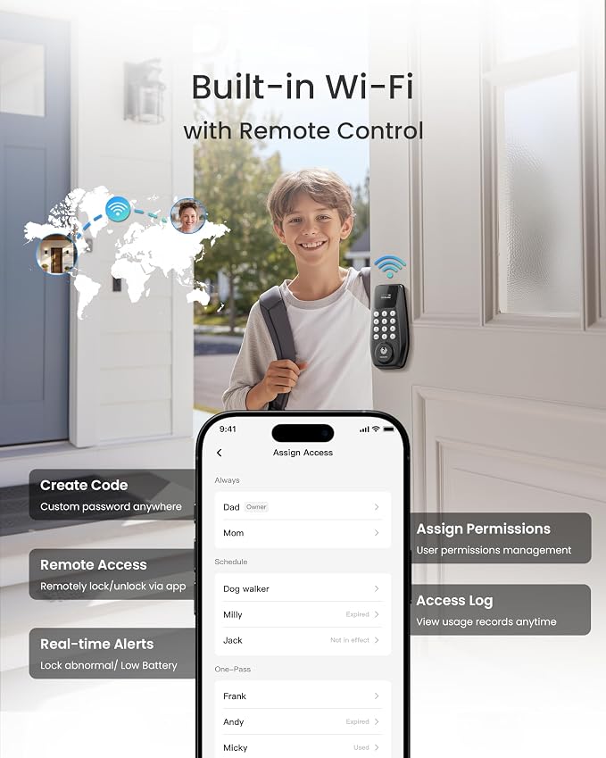 DESLOC C100 Plus Smart Lock with keypad, Built-in WiFi, Visual Display | Keyless Entry Deadbolt with App Control, 100 PIN Codes, IP54 Waterproof, For home & Rental Use, BHMA Grade 3, Black