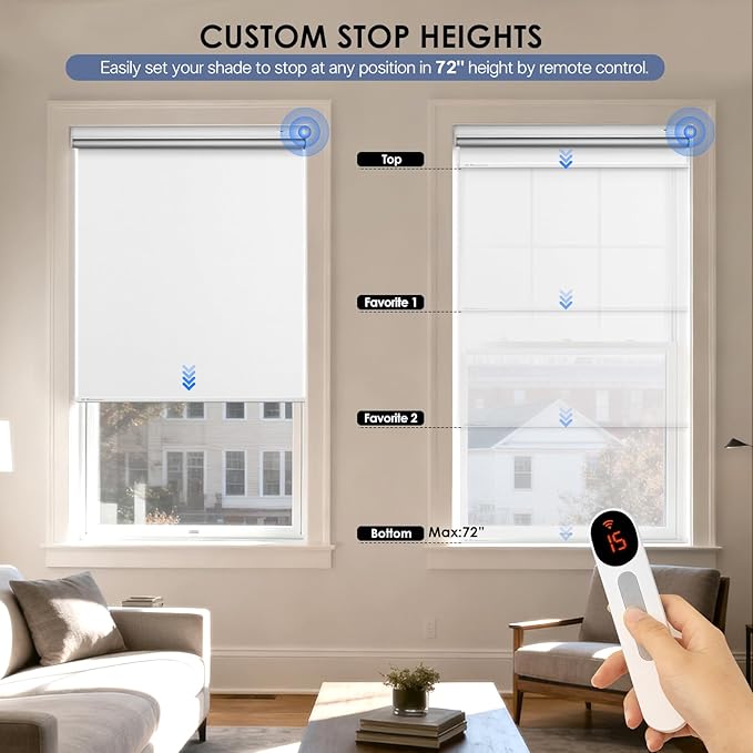 Motorized Blackout Smart Roller Blinds with Remote Control & Solar Panel - Automatic Electric Shades for Windows, Compatible with Alexa - White,33" W*72" H