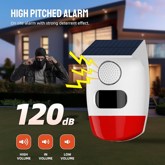 PGST Solar Strobe Alarm Light, Wireless Security Alarm with Remote Control, IP65 Waterproof Solar Powered Siren, 120dB Loud Sound for Home, Farm, Barn, Villa, Yard and Property Safety