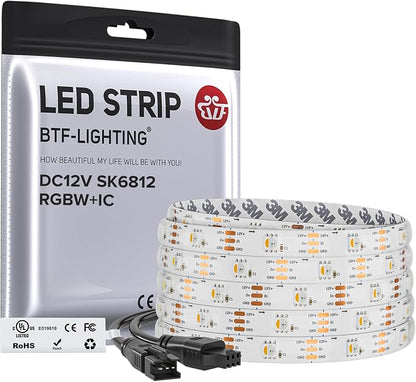 BTF-LIGHTING RGB+Warm White SK6812 LED Strip 16.4FT 150LED IP30 DC12V | RGBW Individually Addressable UL Listed 4 Colors in 1 Light (Similar WS2812B) White PCB(No Adapter or Controller)