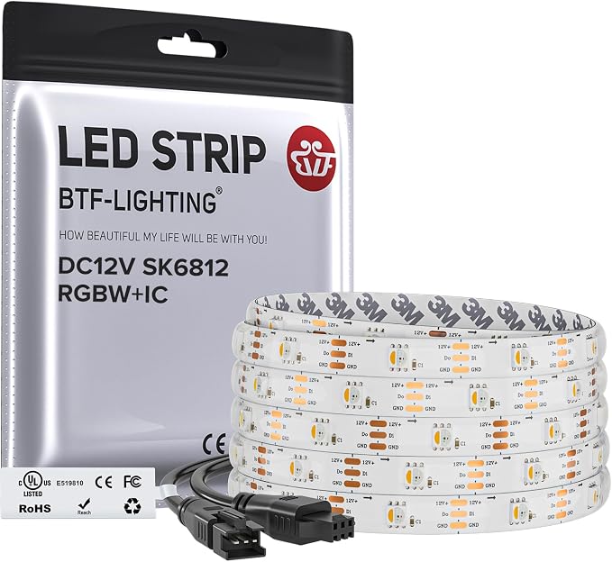 BTF-LIGHTING RGB+Warm White SK6812 LED Strip 16.4FT 150LED IP65 DC12V | RGBW Individually Addressable UL Listed 4 Colors in 1 Light (Similar WS2812B) White PCB(No Adapter or Controller)