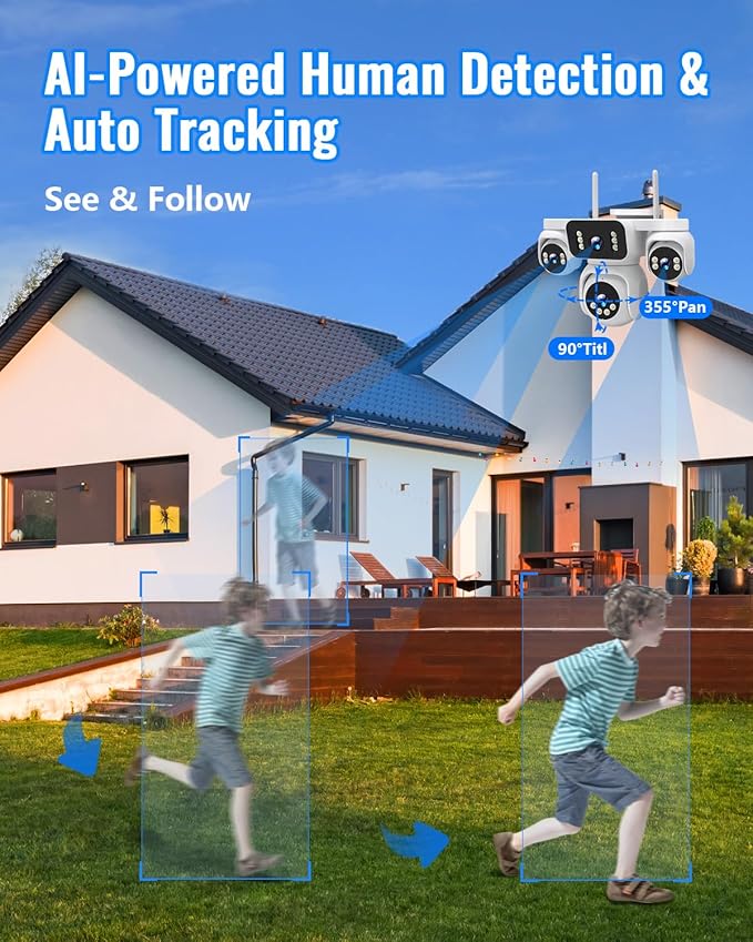 4-in-1 Wireless Outdoor Security Camera, Quad-View PTZ with 8MP HD, 16X Zoom, AI Human/Pet Detection, Color Night Vision, IP66 Weatherproof, 2-Way Audio, Dual Storage for Home Security