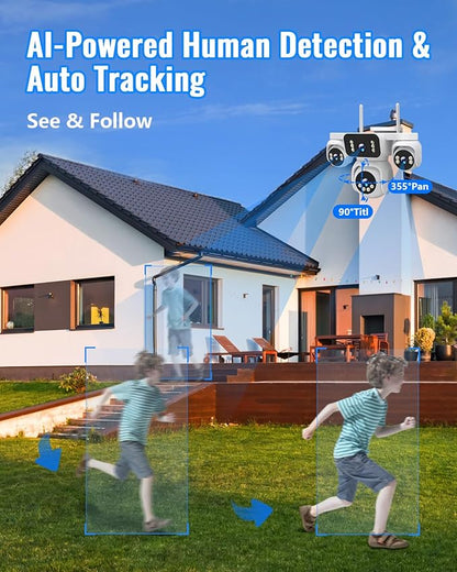 4-in-1 Wireless Outdoor Security Camera, Quad-View PTZ with 8MP HD, 16X Zoom, AI Human/Pet Detection, Color Night Vision, IP66 Weatherproof, 2-Way Audio, Dual Storage for Home Security