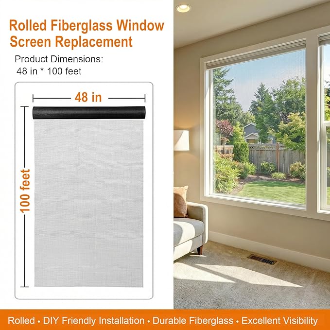 Window Screen Mesh, Fiberglass Window Screen, Screen Door Mesh, Windows Screens and Screen Door Replacement, Patio Screen Mesh (White, 48inches x100feet)