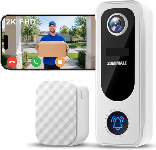 ZUMIMALL 2K Wireless Doorbell Camera No Subscription, Battery Powered