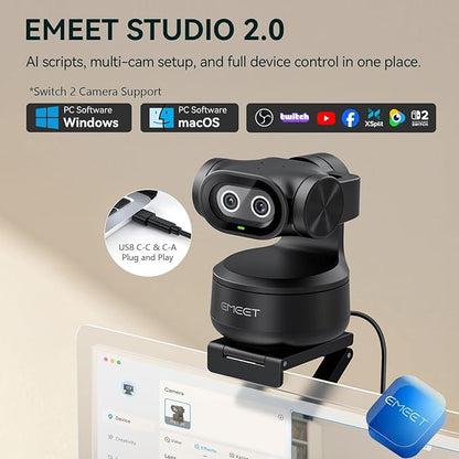 EMEET PIXY Dual-Camera AI-Powered PTZ Camera 2K, AI Tracking, PDAF&AI Autofocus 0.2s, 1/2.55'' Sony Sensor, 3 Mics, Presets, Gesture Control, 2K Webcam for Streaming and OBS/Twitch/Switch 2 Compatible