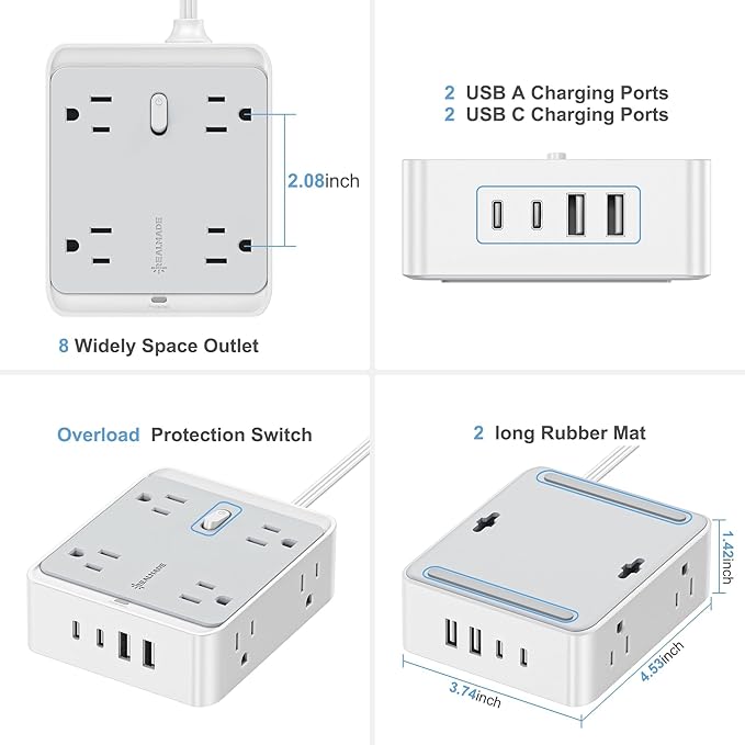 33W Fast Charging Extension Cords, 12-in-1 Extension Cord with USB Ports, Flat Wall Extension Cord with 8 AC Outlets 2 USB-A and 2 USB-C, Flat Plug Extension Cord with 950J Surge Protection for Home