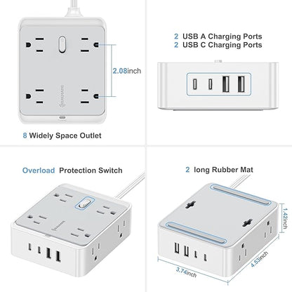 33W Fast Charging Extension Cords, 12-in-1 Extension Cord with USB Ports, Flat Wall Extension Cord with 8 AC Outlets 2 USB-A and 2 USB-C, Flat Plug Extension Cord with 950J Surge Protection for Home