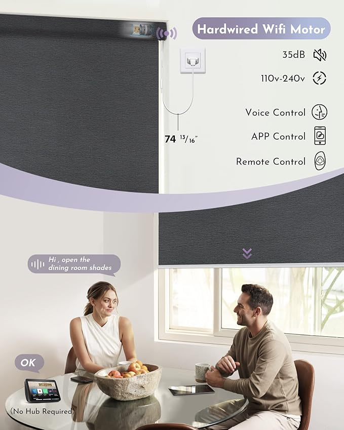 Graywind Smart Blackout Roller Shades Compatible with Alexa Google WiFi Hardwired Textured Fabric Motorized Blinds Remote Window Shades, Custom Size (Frequency Nero)