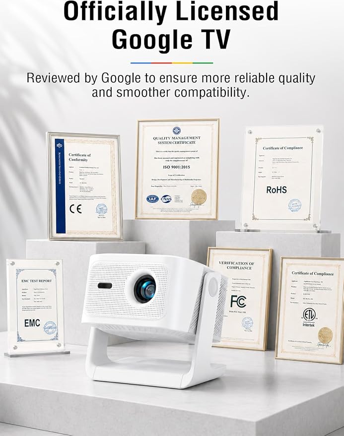 【Official Licensed Google TV】4K Smart Projector with WiFi and Bluetooth, VOPLLS Outdoor Projectors with Dolby/Auto Focus, Portable Movie Phone Wireless Gaming Wifi Proyector for Bedroom/Home/Ceiling