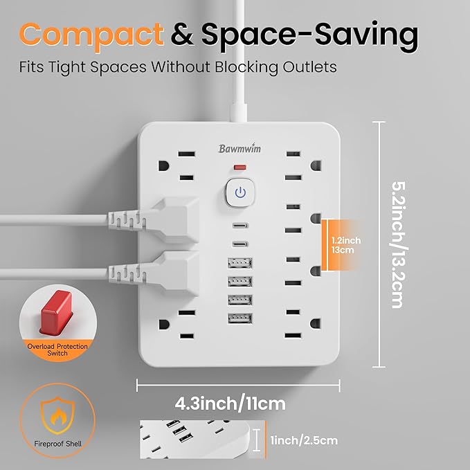 Surge Protector Power Strip - 8 Outlets(1850W/15A/14AWG) 4 USB A（2 USB C, 6FT Flat Plug Extension Cord, Wall Mount Multi Plug Outlet Extender, ETL Listed for Home, Dorm Room