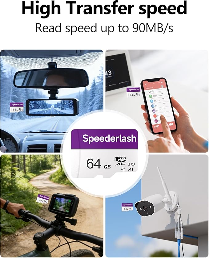 Micro SDXC Memory Card 64GB Pack, Speederlash Camera Plus TF Card with Adapter, 90MB/s Read Speed, 4K UHD&5K Video Support, U1 V30 A1 Rated, for Security Camera, Smartphone, Drone, Tablet, PC
