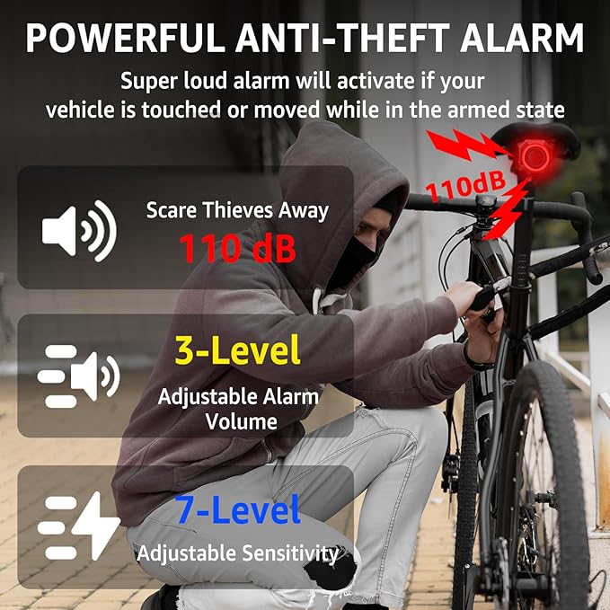 NineLeaf Bicycle Tail Light Rechargeable,Bike Tail Light with Alarm and Remote,Bike Alarms for Ebikes,IP65,113dB Alarms, Level 7 Sensitivity, Auto ON/Off Bike Tail Light with Smart Brake Lights