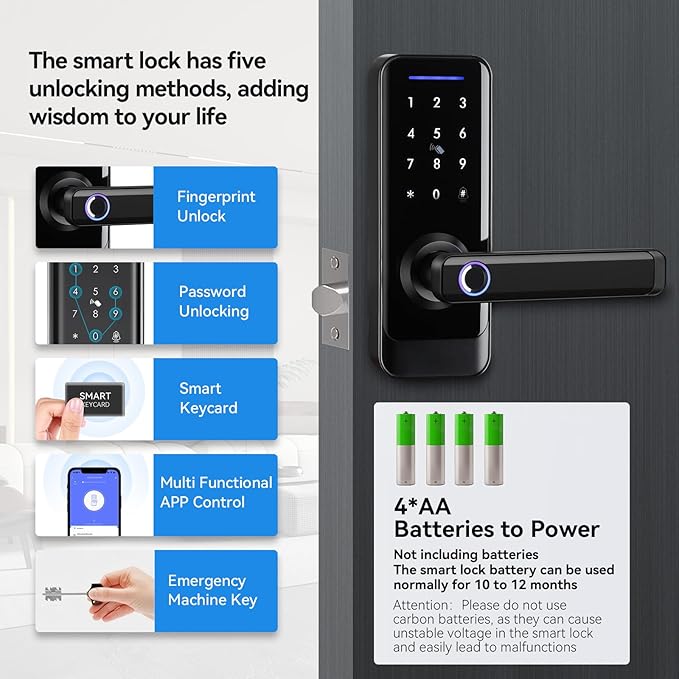 Smart Front Door Lock with Lever Handle, Keyless Entry Keypad Fingerprint Deadbolt, APP Control Biometric Electronic Digital Touchscreen Knob Set