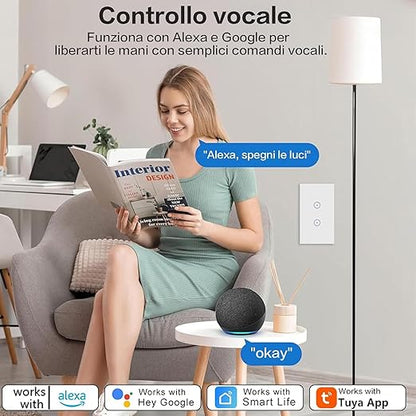 Jinvoo WiFi Wall Light Touch Panel Switch, 2 Way, Remote Control by Smart Phone,No Hub Required, Compatible with Tuya Smart Life app AC 120V Works with Amazon Echo Google Home White 1 Gang ETL Listed