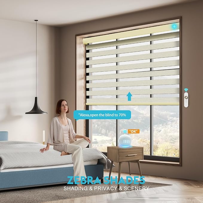 Motorized Blackout Zebra Blinds Shades Compatible with Alexa,Rechargeable Battery Day and Night Dual Layer Sheer Smart Blinds Shades with Valance,Customized Size (Light Gold)