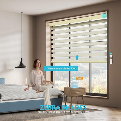 Motorized Blackout Zebra Blinds Shades Compatible with Alexa,Rechargeable Battery Day and Night Dual Layer Sheer Smart Blinds Shades with Valance,Customized Size (Light Gold)