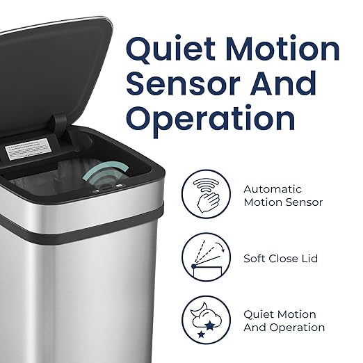 Ninestars 13 Gallon Odor Neutralizing Smart Kitchen Trash Can, Automatic Odor Control Motion Sensor Garbage Bin, Universal Power Adapter, 50 Liter Smart Opening Stainless Steel, Nova Series