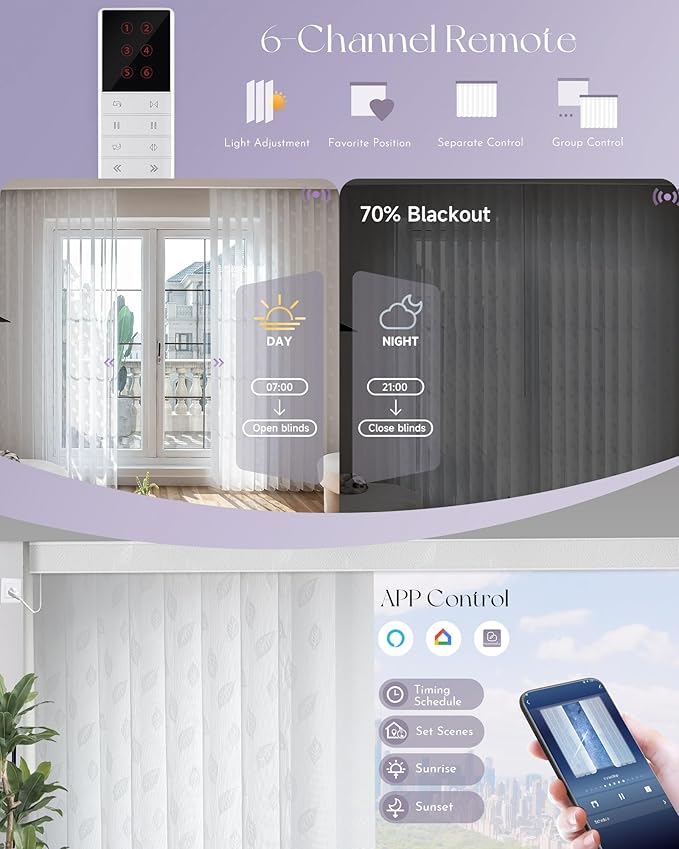 Graywind Motorized Sheer Vertical Blinds Compatible with Alexa Google Smart Sheer Curtain Drapery Privacy Light Filtering Remote Control Vertical Shades, Custom with Up to 157", Leaf White