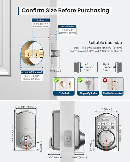 TEEHO TE011W Wi-Fi Keyless Entry Door Lock with Keypad - Smart Deadbolt Lock for Front Door with 2 Keys - Remote Control, Works with Alexa & Google, APP Unlock - Easy Installation - Satin Nickel