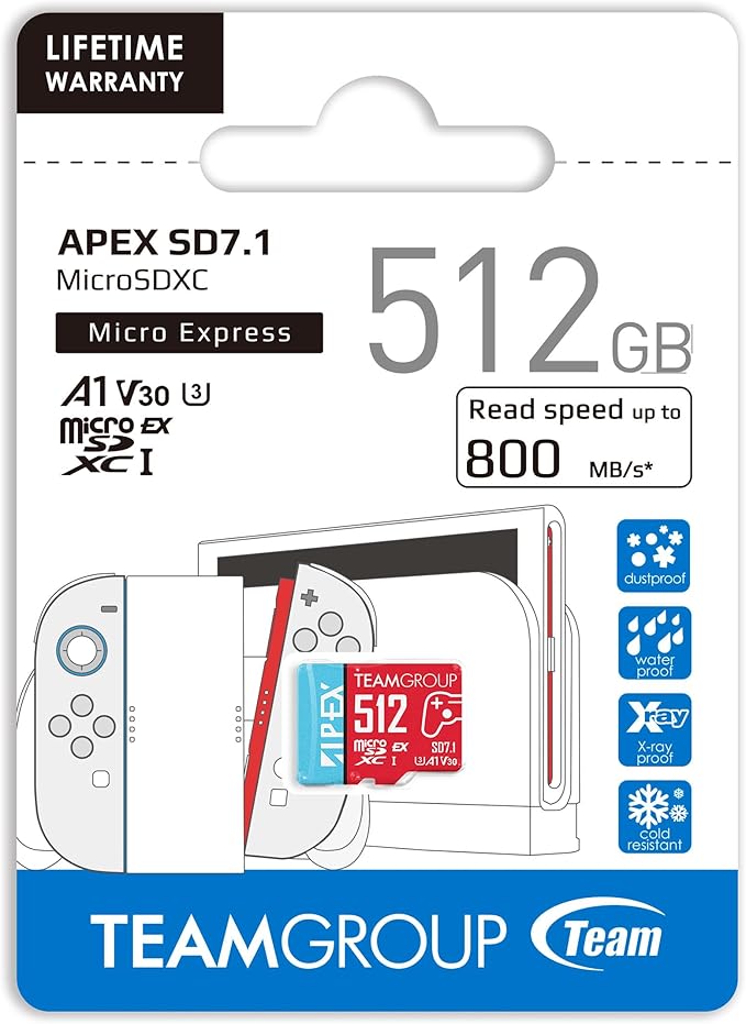 TEAMGROUP APEX 512GB microSD Express Card, microSDXC Memory Card U3 A1 V30 R/W up to 800/700 MB/s, for Nintendo Switch2, UHS-I Compatible, with Adapter TAPMSDE512GIV30A102