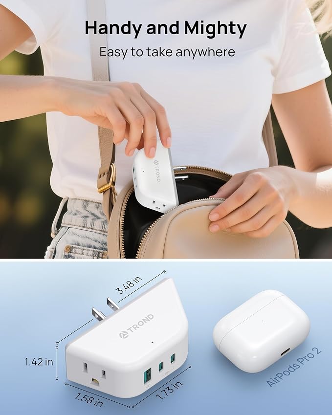 TROND Multi Plug Wall Outlet with USB C PD 20W, 2 AC Sockets | 3-Side Design Wall Outlet Extender, for Home Office Cruise Travel Essentials, White