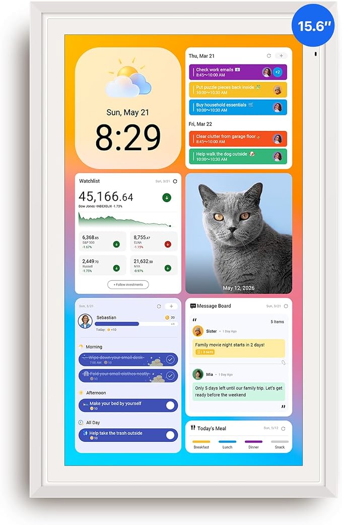 Apolosign 15.6-inch Digital Calendar, Smart Wall Planner with Calendar Sync, Chore Chart, Meal, Install Apps & Widget, Electronic Touchscreen Display for Family Schedules, Dual Mode, with Stand (White)
