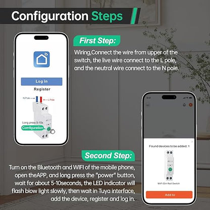 1–50A Smart WiFi Switch, din Rail, Adjustable DIY 1P+N Circuit Breaker, 90–300V Wide Voltage for Energy Monitor, Smart Life/Tuya APP Remote Control, Timer Functions, DIN Rail Mounted, FCC Certified